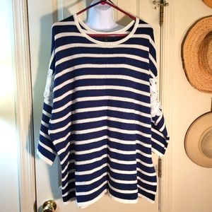 22/24 Lane Bryant Sweater Top Navy Blue Stripe Crochet Lace Cotton Nautical